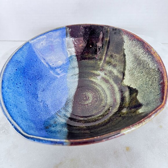 Artisan Signed Studio Pottery Bowl Abstract Wheel Thrown Multicolor Drip Glaze B - Picture 2 of 8